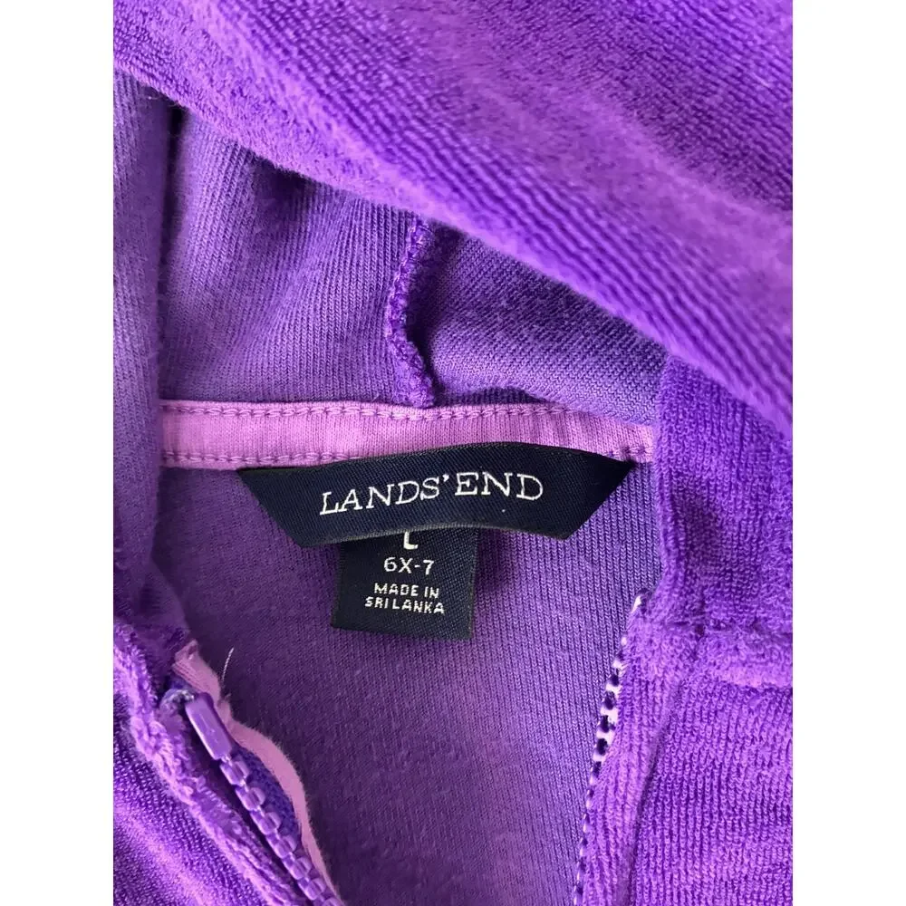 Lands' End Girls L 6X-7 Zip Front Hooded Purple Cozy Swim Coverup Heart Pocket
